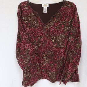 Talbot's Woman brown/pink floral v-neck henley top 3X